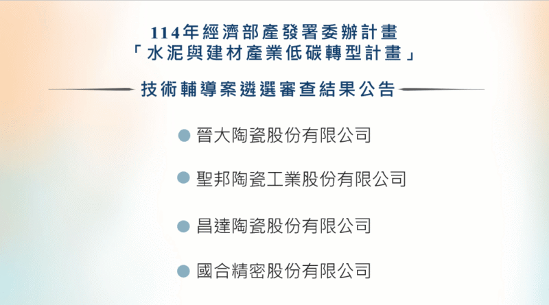 114 年經濟部產發署委辦計畫「水泥與建材產業低碳轉型計畫」技術輔導申請案審查業已於4月24日進行審查完畢，恭喜獲選通過的4家業者。